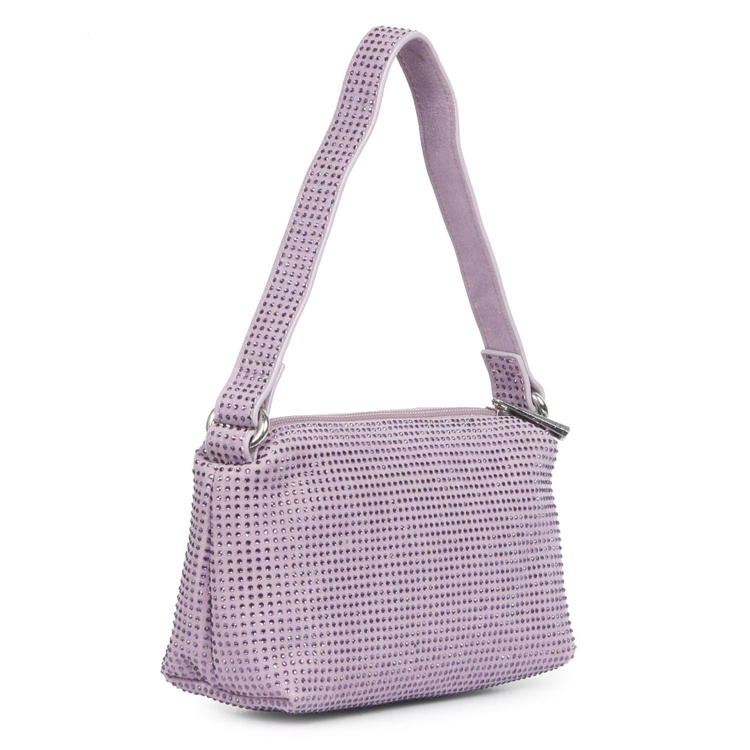 Women's lilac crystal embellished leather mini handbag by Saint Aria, three-quarter view.