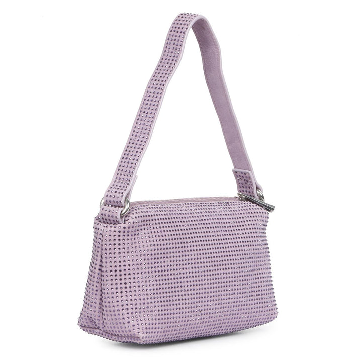 Women's lilac crystal embellished leather mini handbag by Saint Aria, three-quarter view.