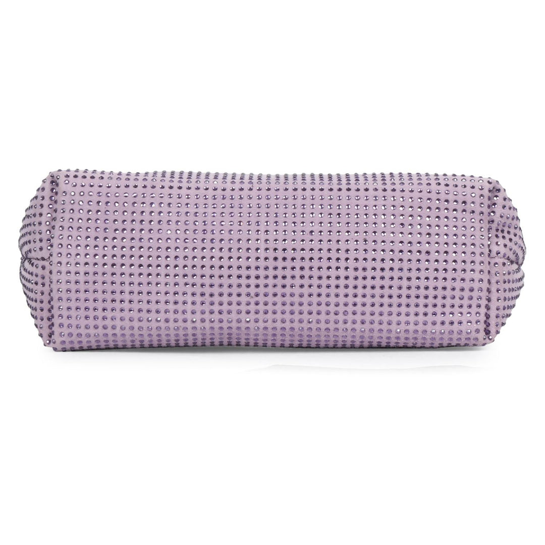 Saint Aria lilac crystal embellished leather mini handbag for women UK, top view with zip closed.