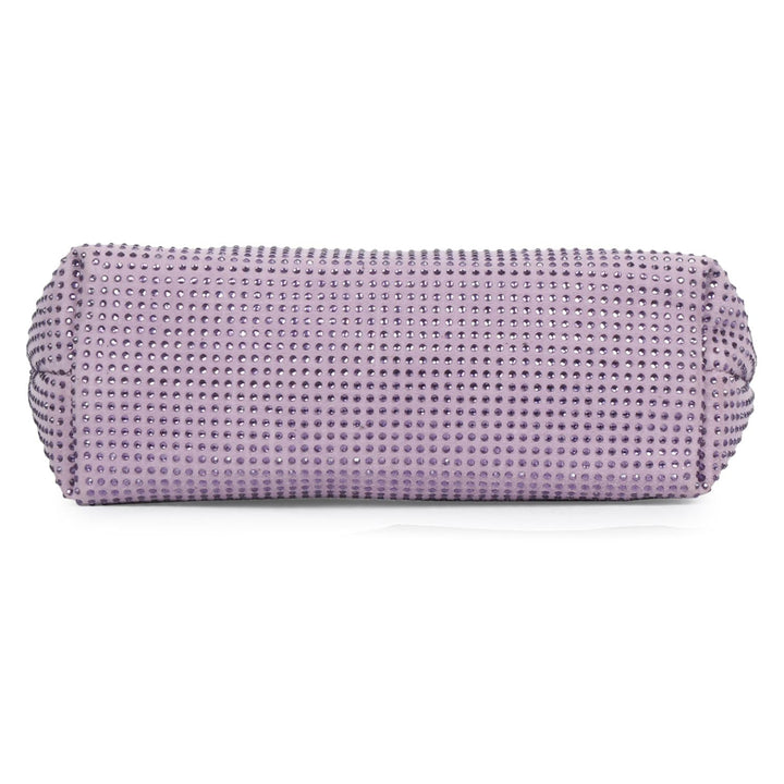 Saint Aria lilac crystal embellished leather mini handbag for women UK, top view with zip closed.