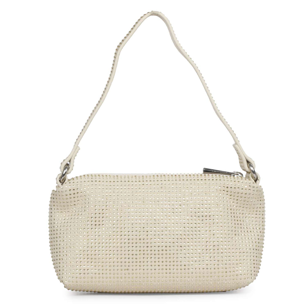 Women's off-white crystal embellished leather mini handbag by Saint Aria, straight-on view with top handle.