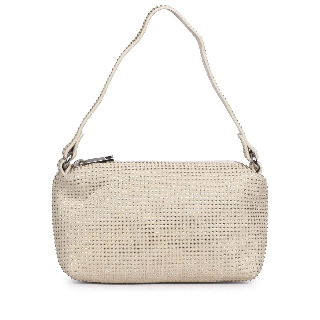 Saint Aria off-white crystal embellished leather mini handbag for women UK, front view with top handle.