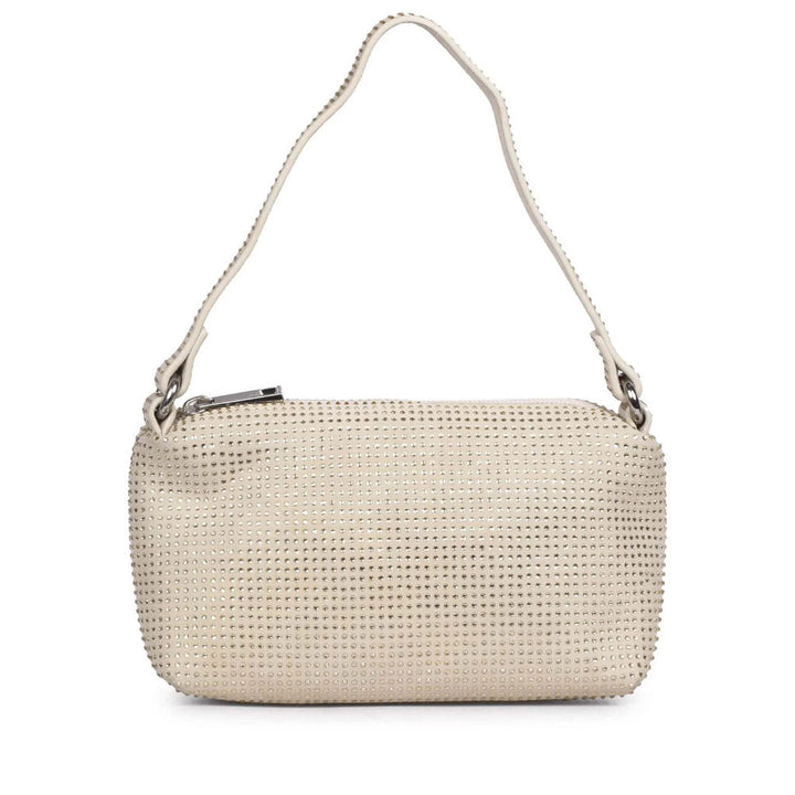 Saint Aria off-white crystal embellished leather mini handbag for women UK, front view with top handle.