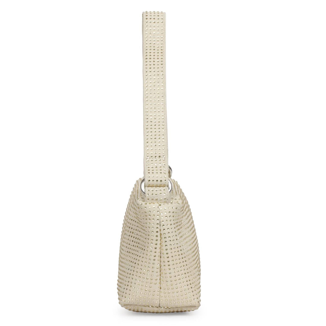 Saint Aria off-white crystal embellished leather mini handbag for women UK, side profile.