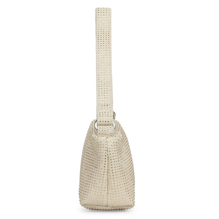 Saint Aria off-white crystal embellished leather mini handbag for women UK, side profile.