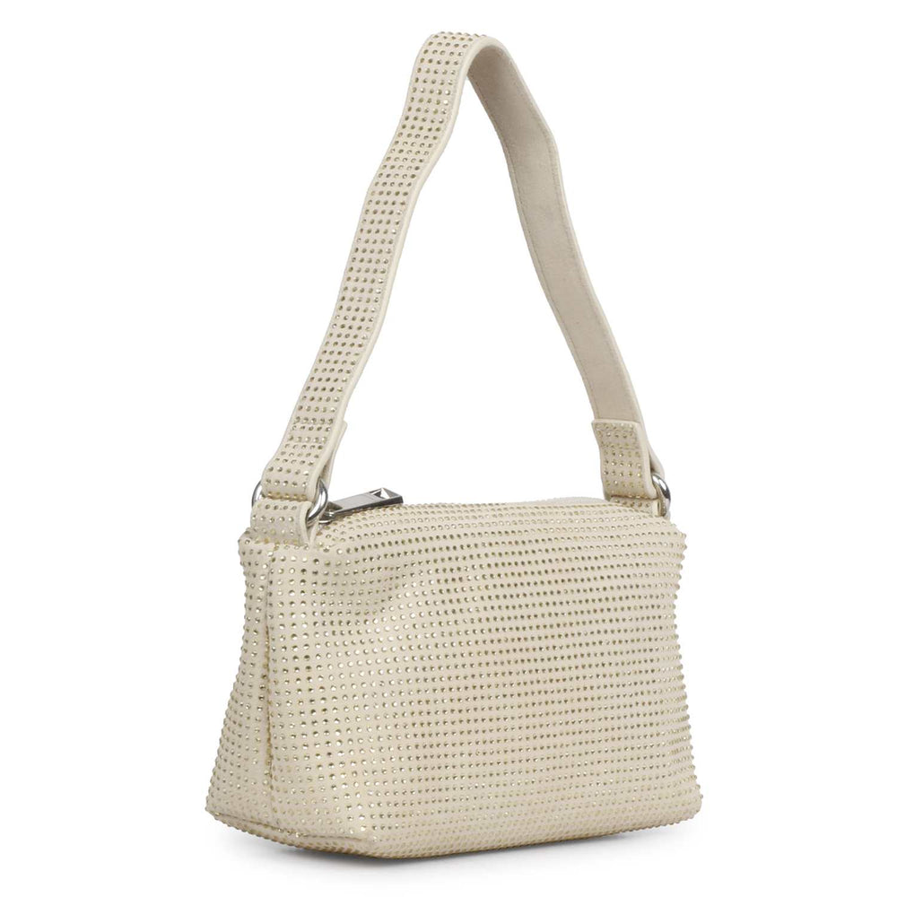 Women's off-white crystal embellished leather mini handbag by Saint Aria, three-quarter view.