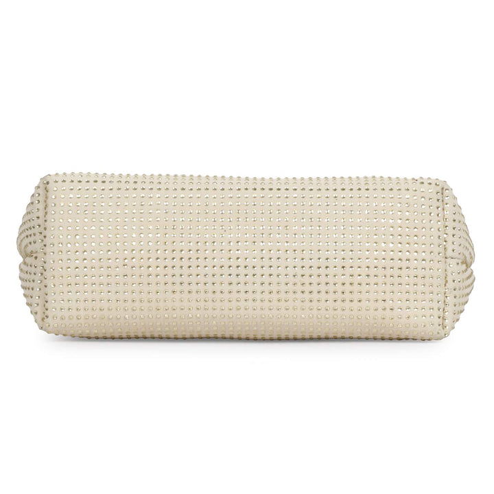 Saint Aria off-white crystal embellished leather mini handbag for women UK, top view with zip closed.