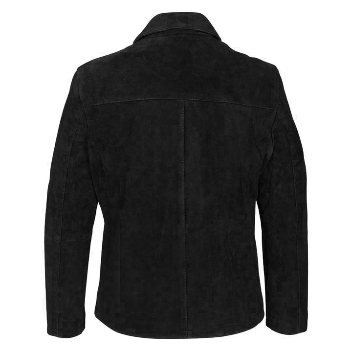 Back view of a black suede jacket showing the shirt collar and back seam.