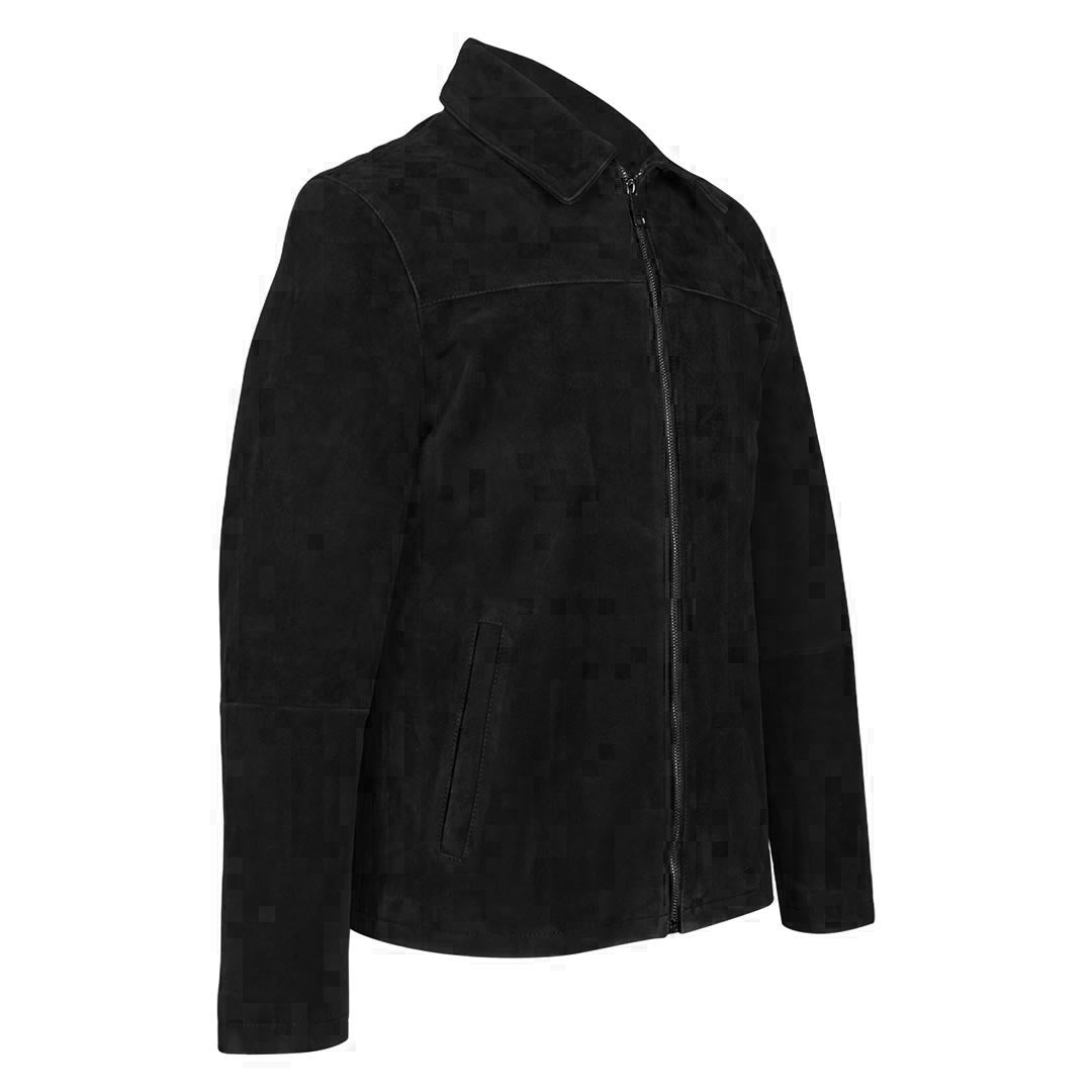Front view of a black suede jacket with a shirt collar and zip pockets.