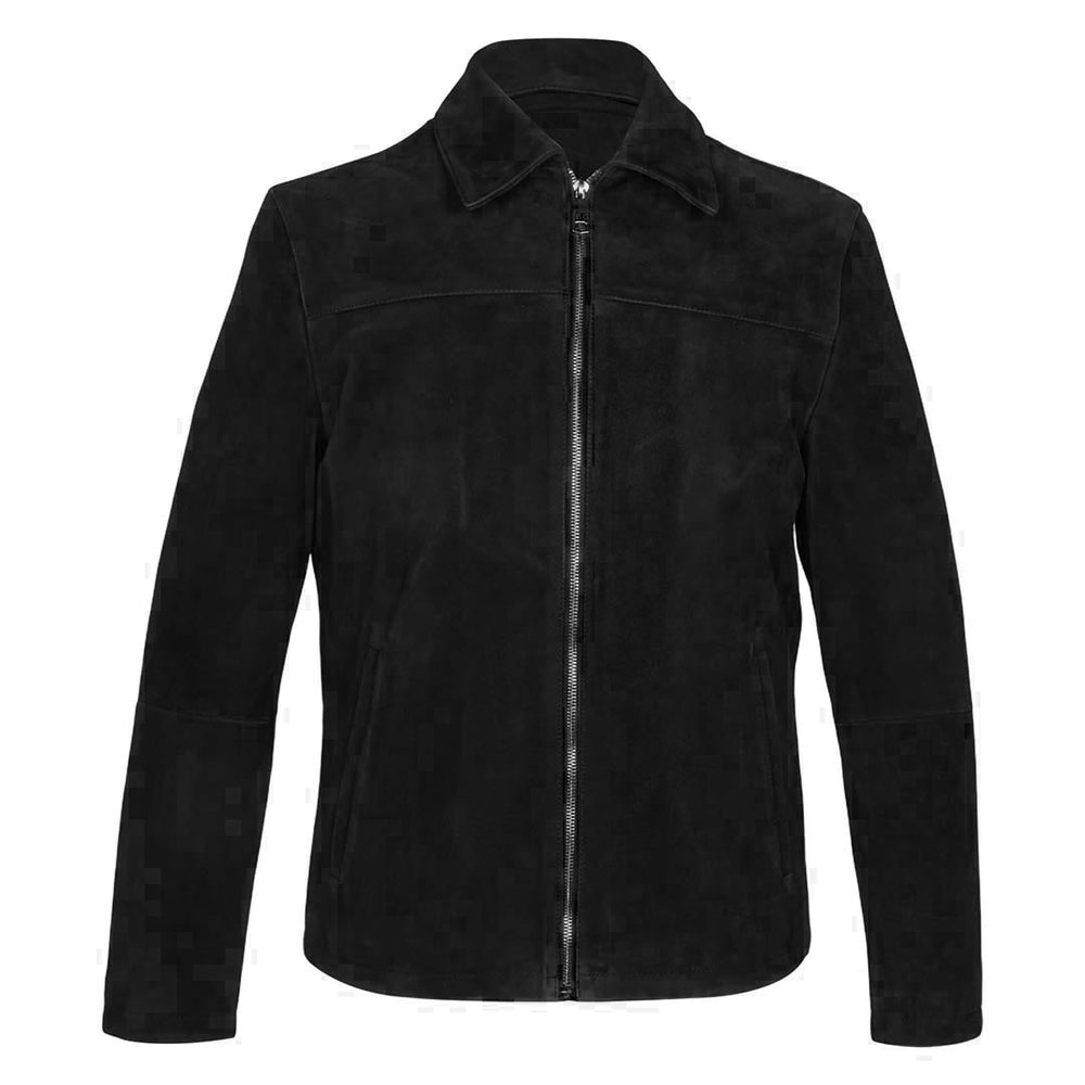 Black suede jacket with a shirt collar, zipped, shown on a plain background.