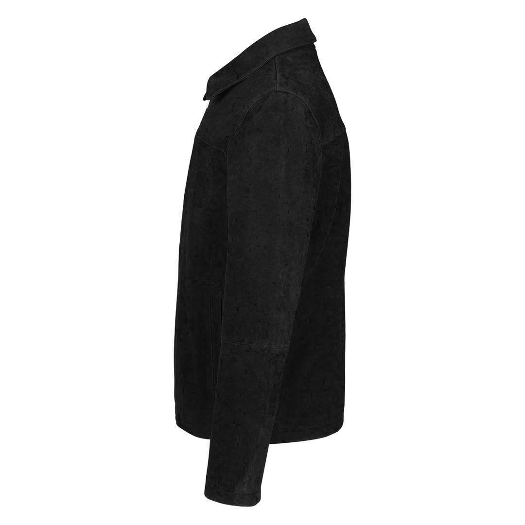 Side view of a black suede jacket showing the zip pocket detail.