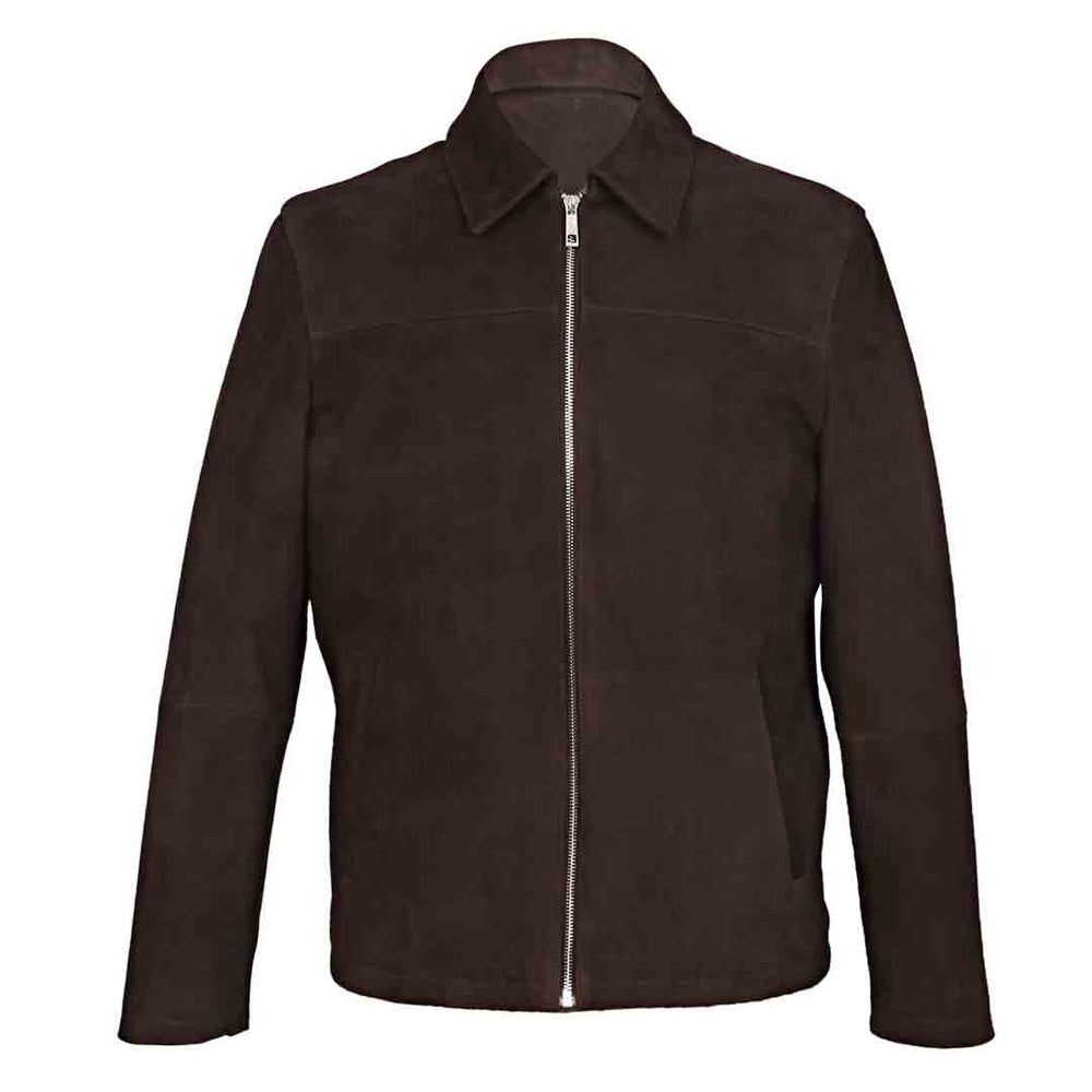 Chocolate brown suede jacket with a collar and front zip, shown flat.