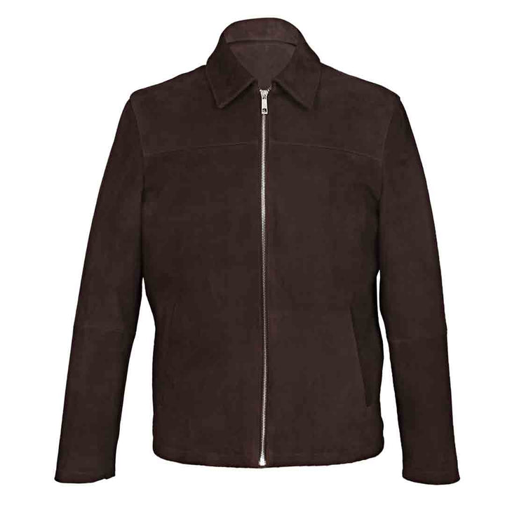Chocolate brown suede jacket with a collar and front zip, shown flat.