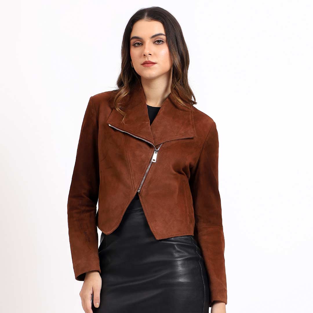 Saint Arlana tan suede jacket UK, alternate front view
