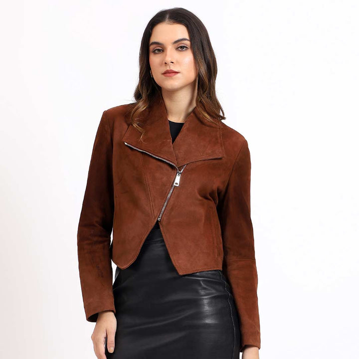 Saint Arlana tan suede jacket UK, alternate front view
