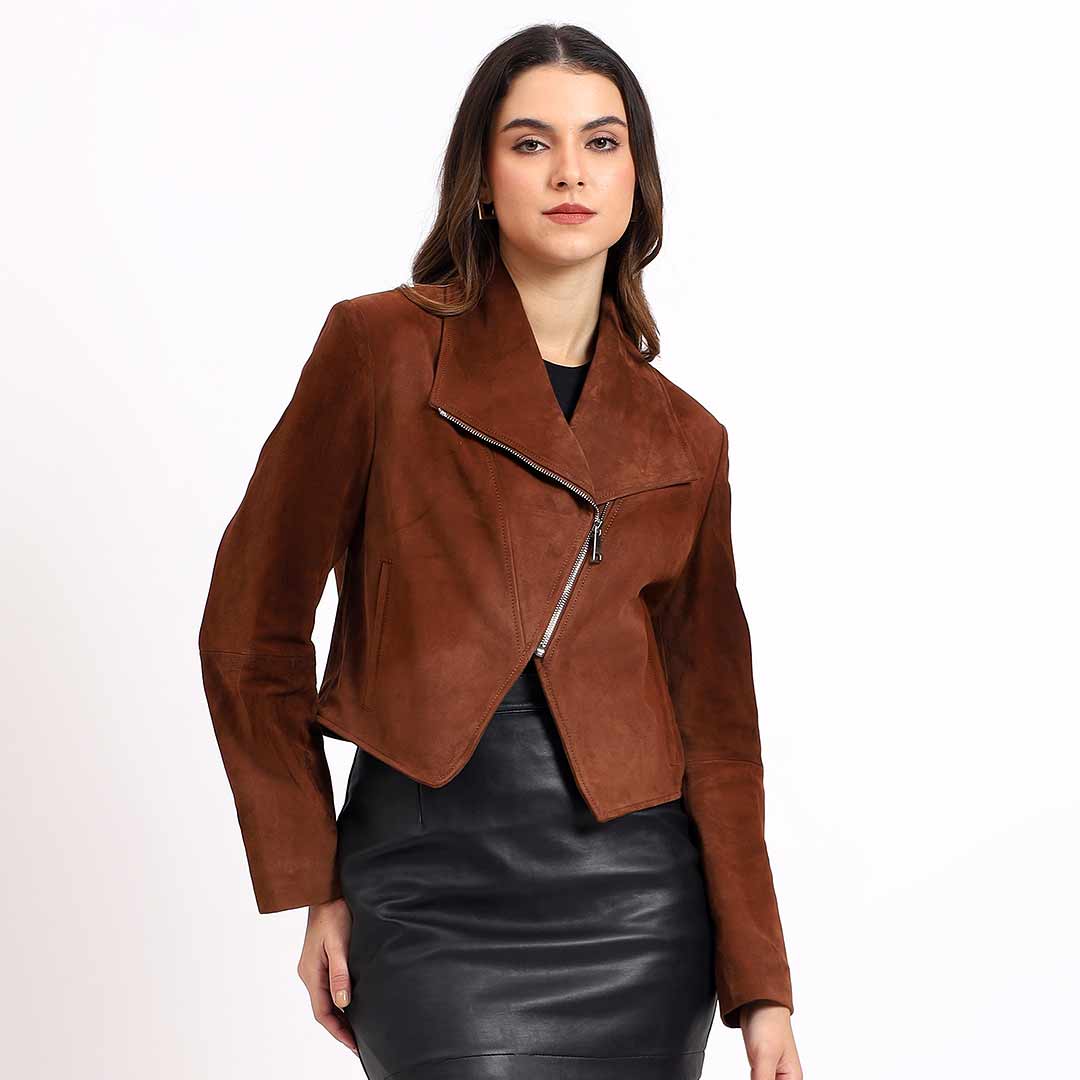 Women's tan suede jacket UK by Saint Arlana, front view with asymmetric zip