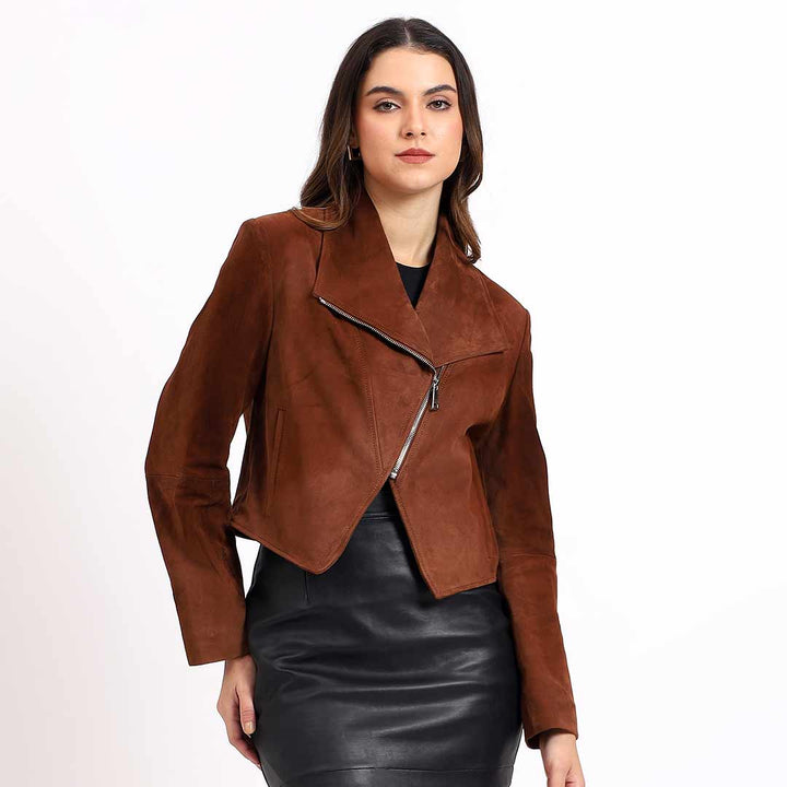 Women's tan suede jacket UK by Saint Arlana, front view with asymmetric zip