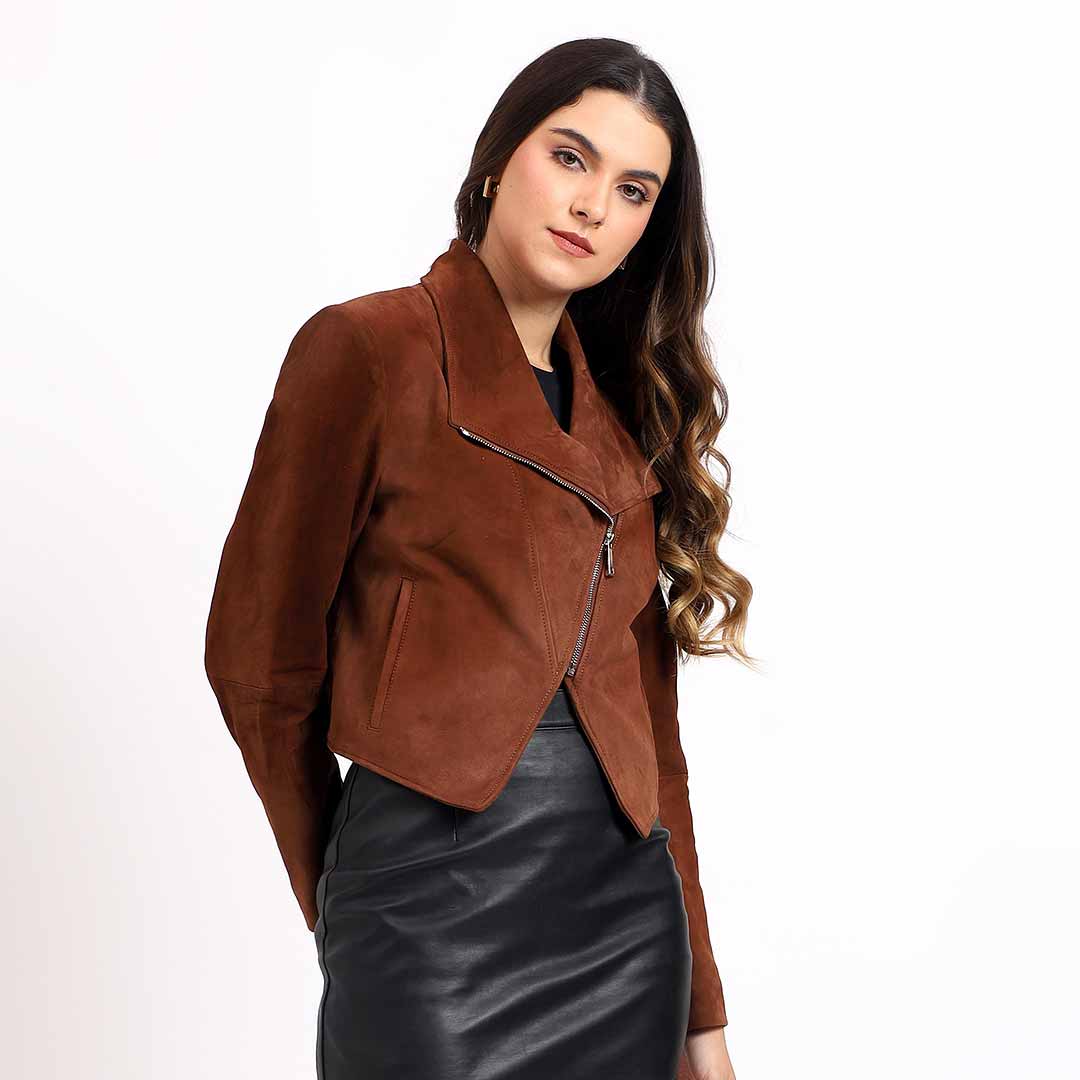 Tan suede jacket for women UK, side view showing notched collar