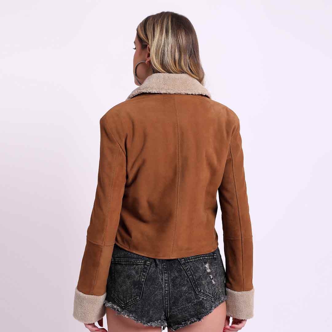 Tan suede jacket with shearling collar for women UK, back view