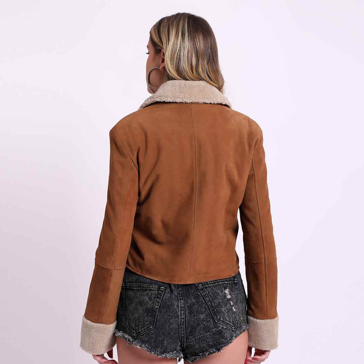 Tan suede jacket with shearling collar for women UK, back view
