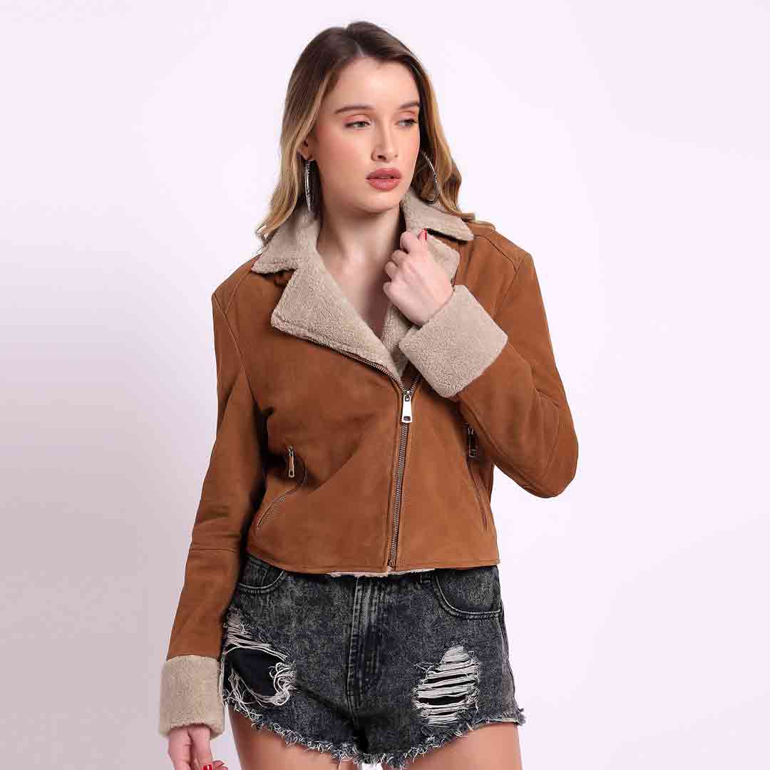 Saint Arlene tan suede jacket for women UK, front view with shearling-style collar
