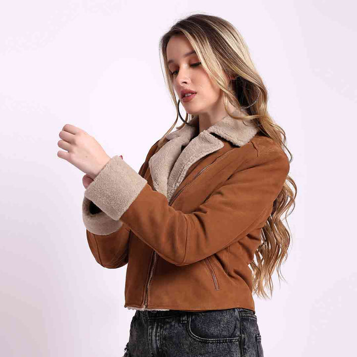 Tan suede jacket with shearling collar for women UK, side view