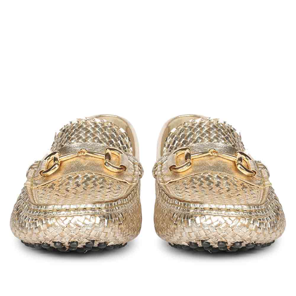 Best gold handwoven leather loafers for women UK, Saint Aurora front pair view