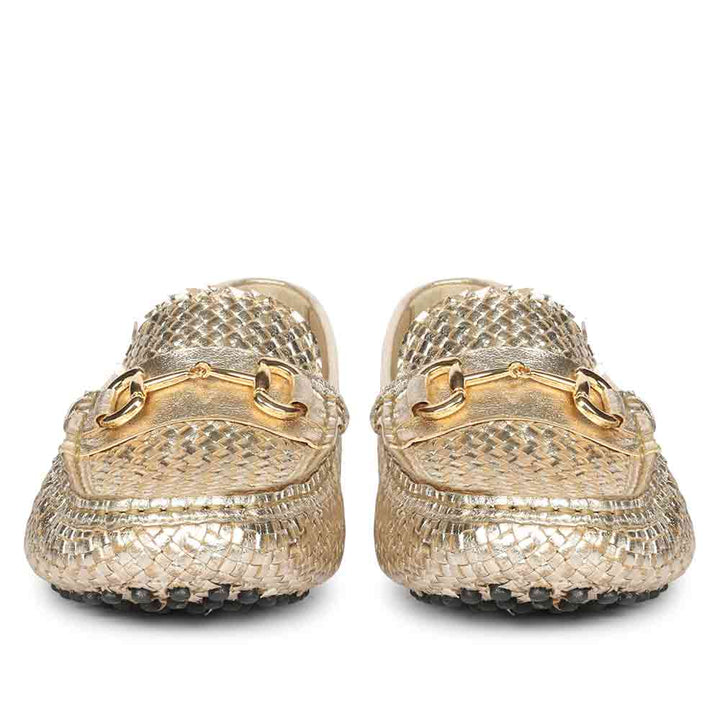 Best gold handwoven leather loafers for women UK, Saint Aurora front pair view