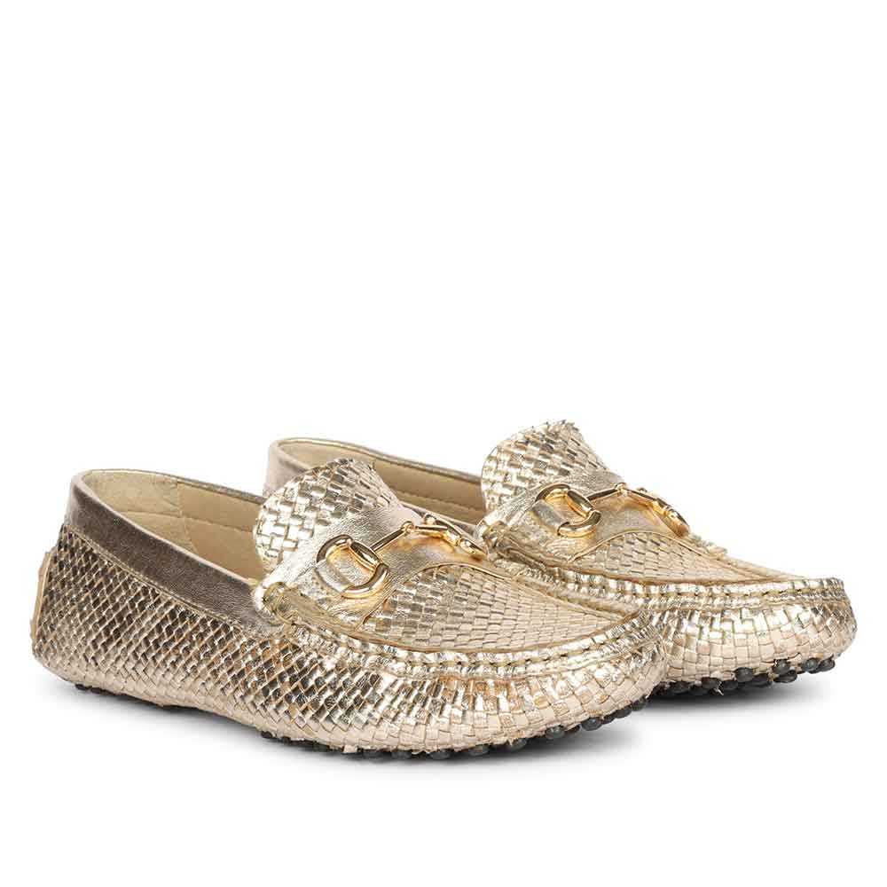 Ladies gold handwoven leather loafers UK, Saint Aurora pair angled view