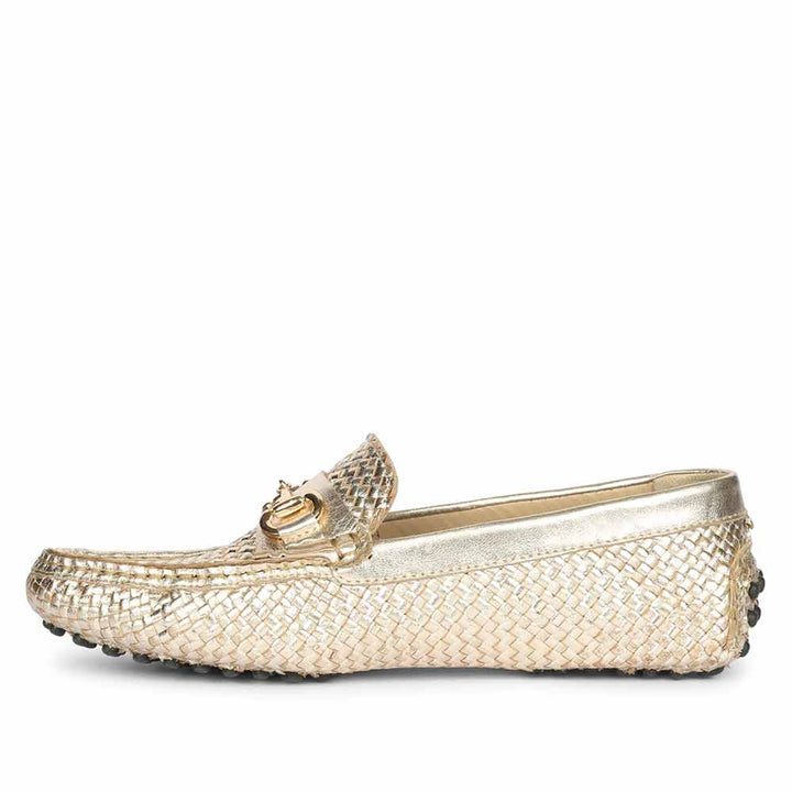 Women's gold horsebit loafers UK, alternate side view