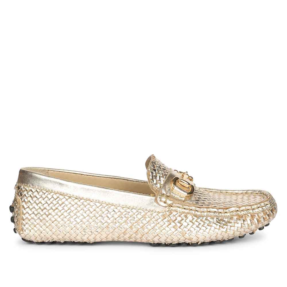 Best gold handwoven leather horsebit loafers for women UK, Saint Aurora side view