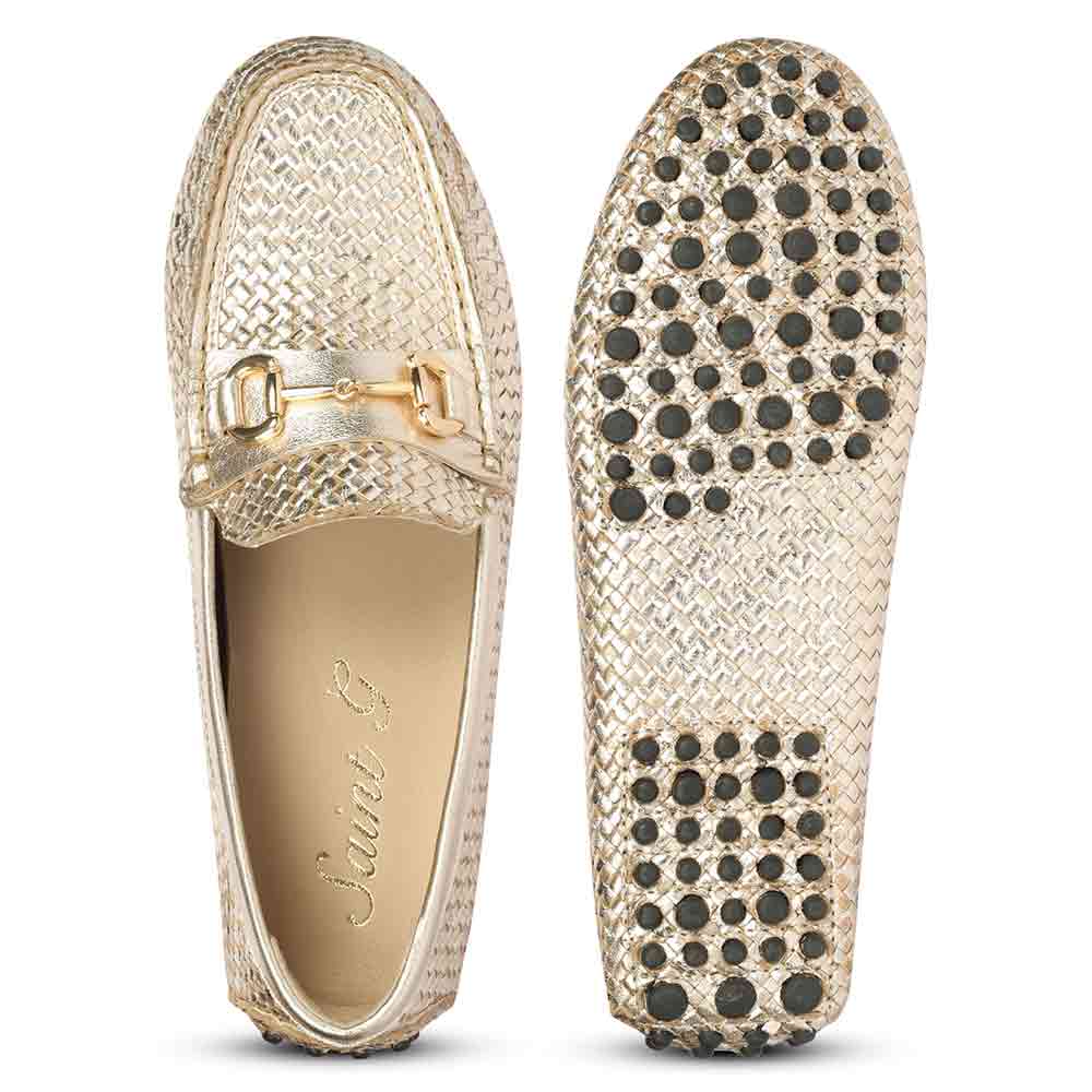 Saint Aurora gold leather loafers UK, interior and sole view
