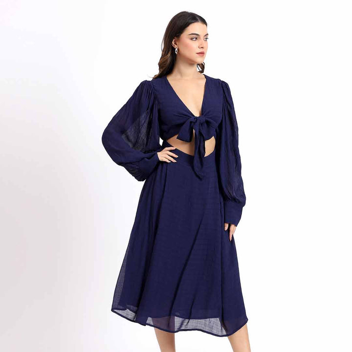 Women's navy cutout midi dress by Saint Aurora, full front view showing waist cutout.