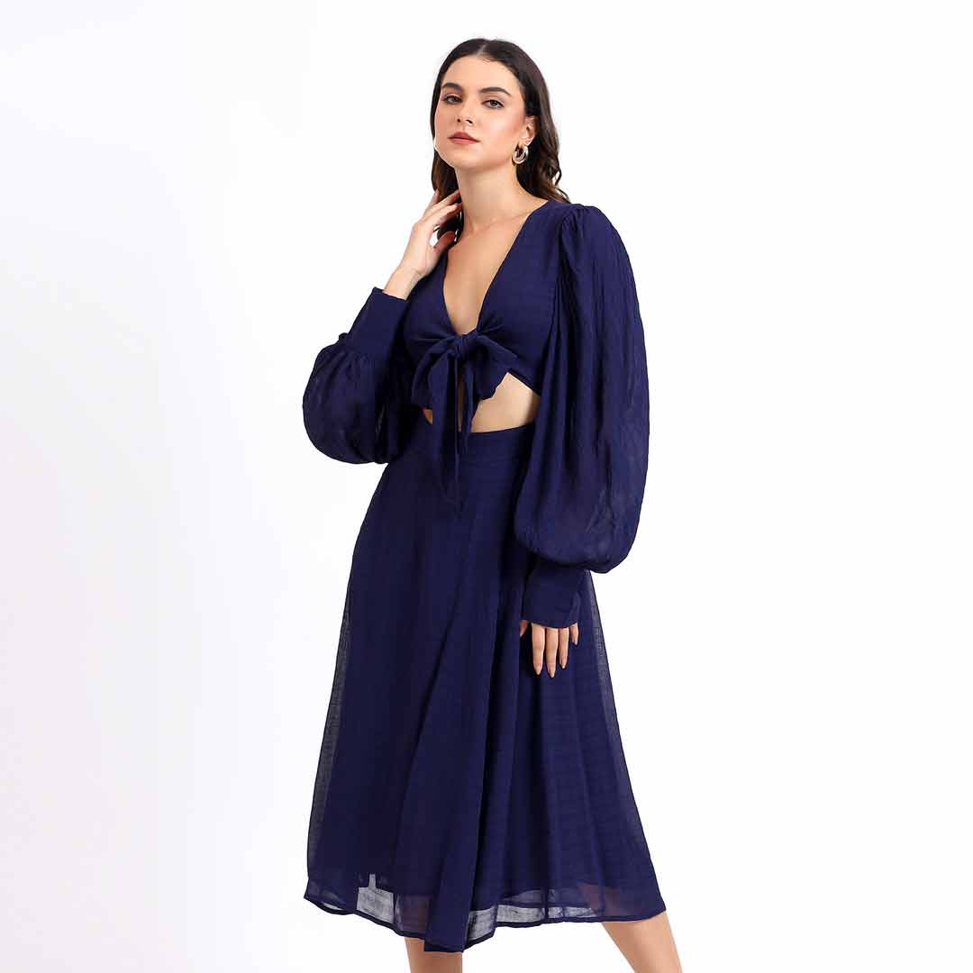 Saint Aurora navy cutout midi dress for women UK, three-quarter front view.