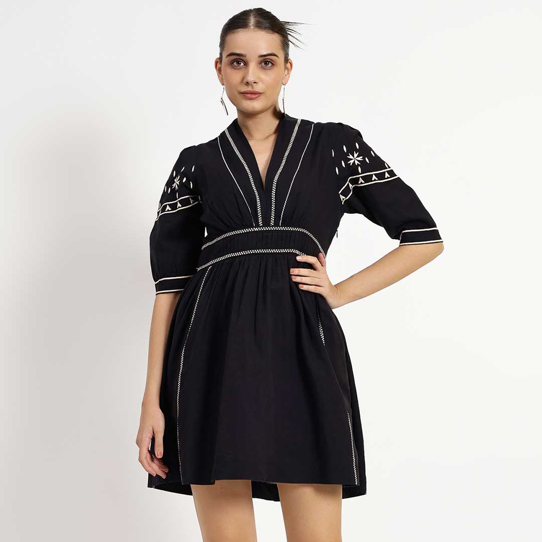 Saint Ayleen black embroidered linen dress for women UK, front view with V-neck placket.