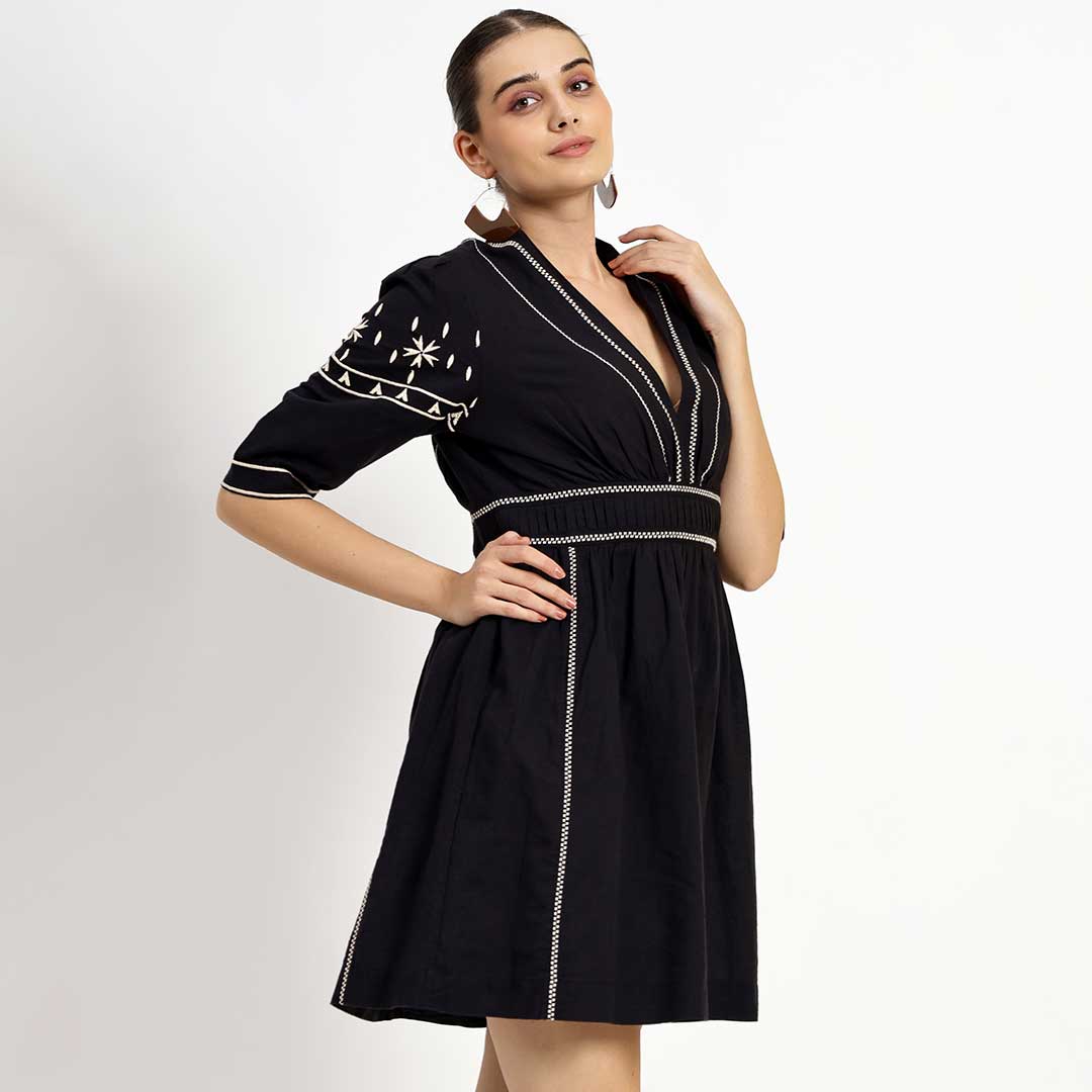 Saint Ayleen black embroidered linen dress for women UK, side view.