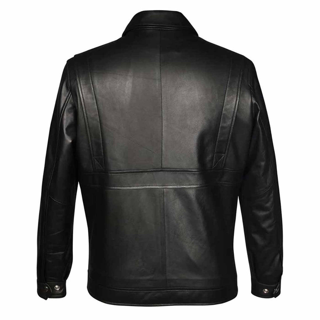 Back view of a black leather jacket.