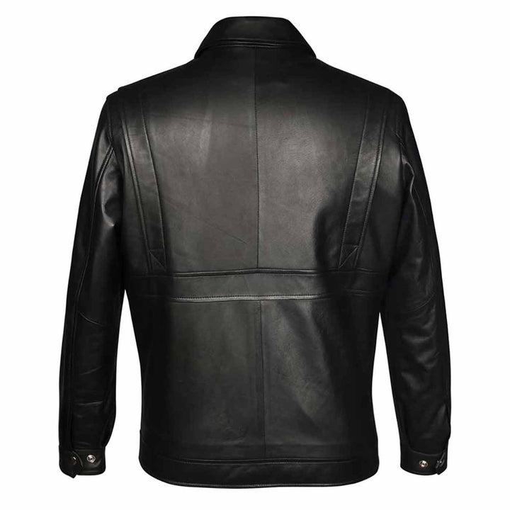 Back view of a black leather jacket.