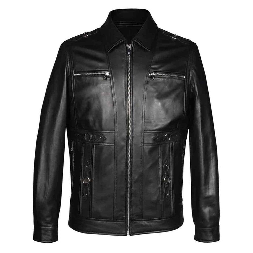 Black leather jacket with zip pockets and belted waist tabs, shown on a plain background.