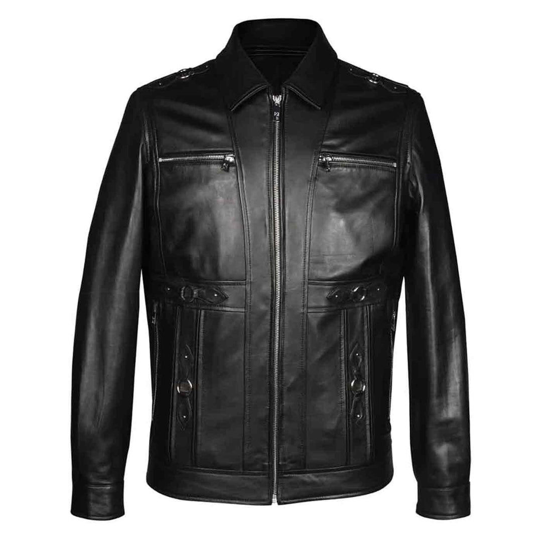 Black leather jacket with zip pockets and belted waist tabs, shown on a plain background.