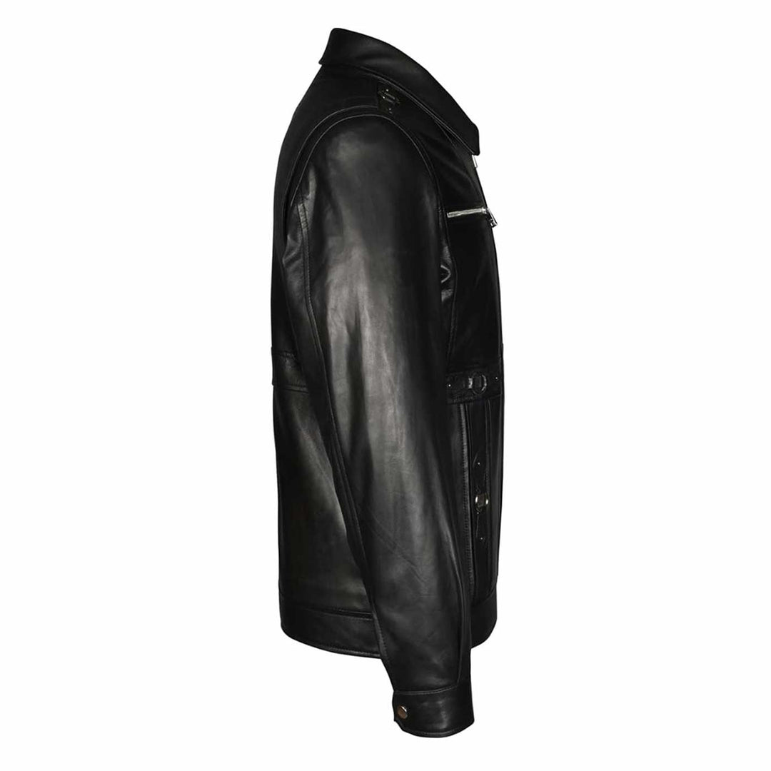 Side profile of a black leather jacket.