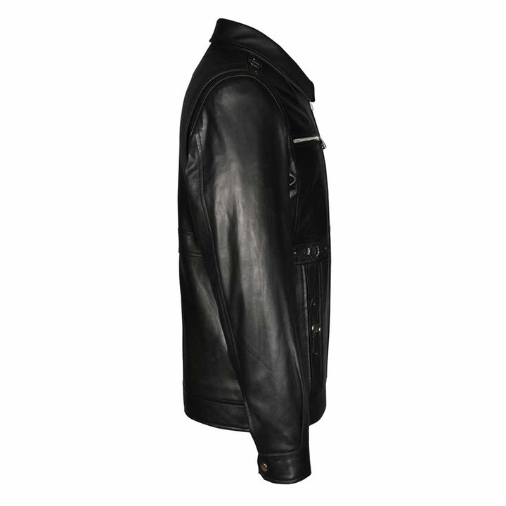Side profile of a black leather jacket.