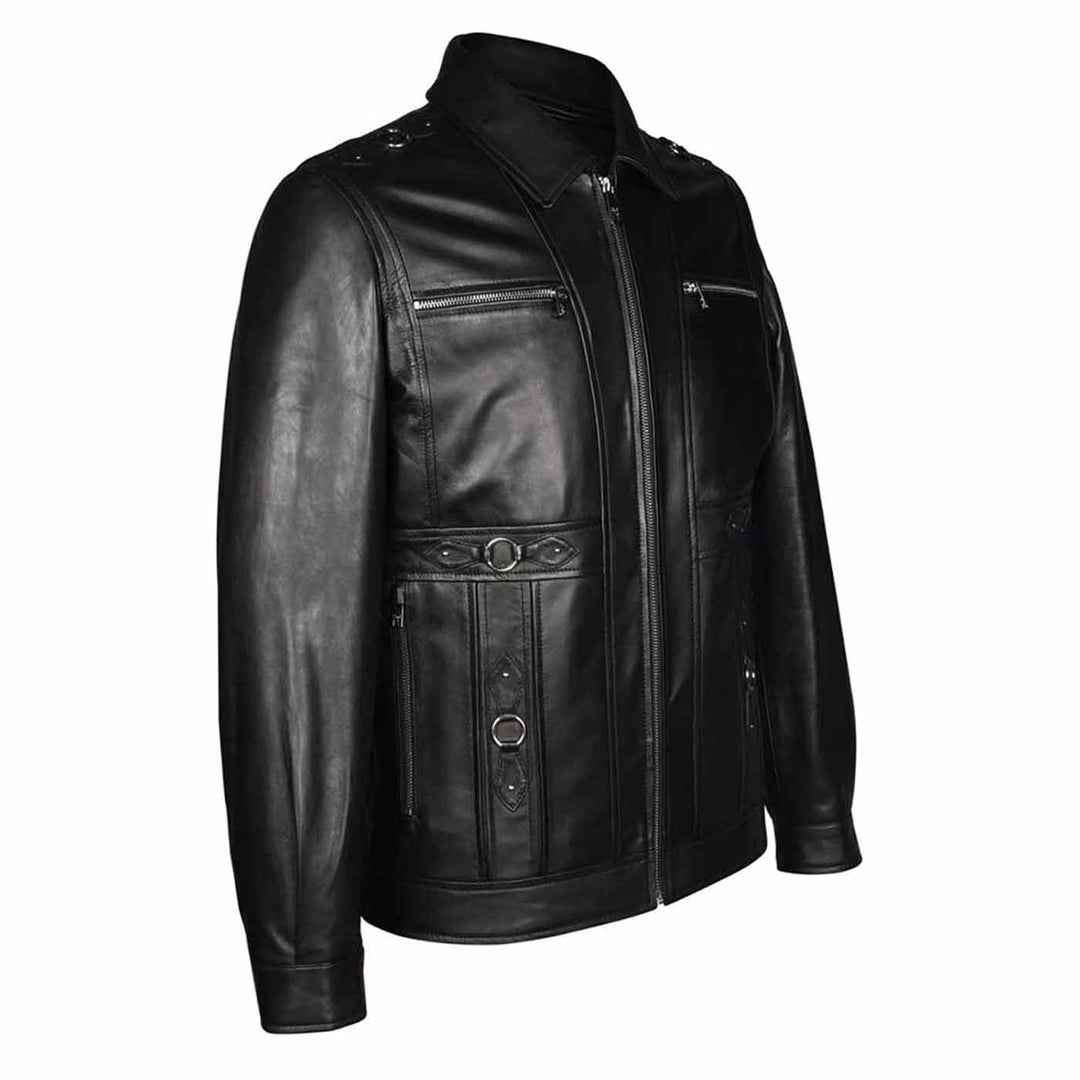Side view of a black leather jacket showing the pocket and belt detail.