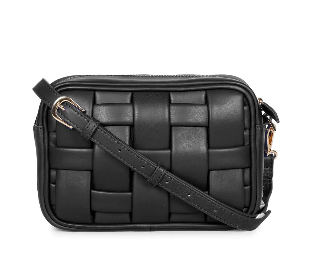 Saint Bennet black woven leather cross body bag for women UK, front view with adjustable strap.