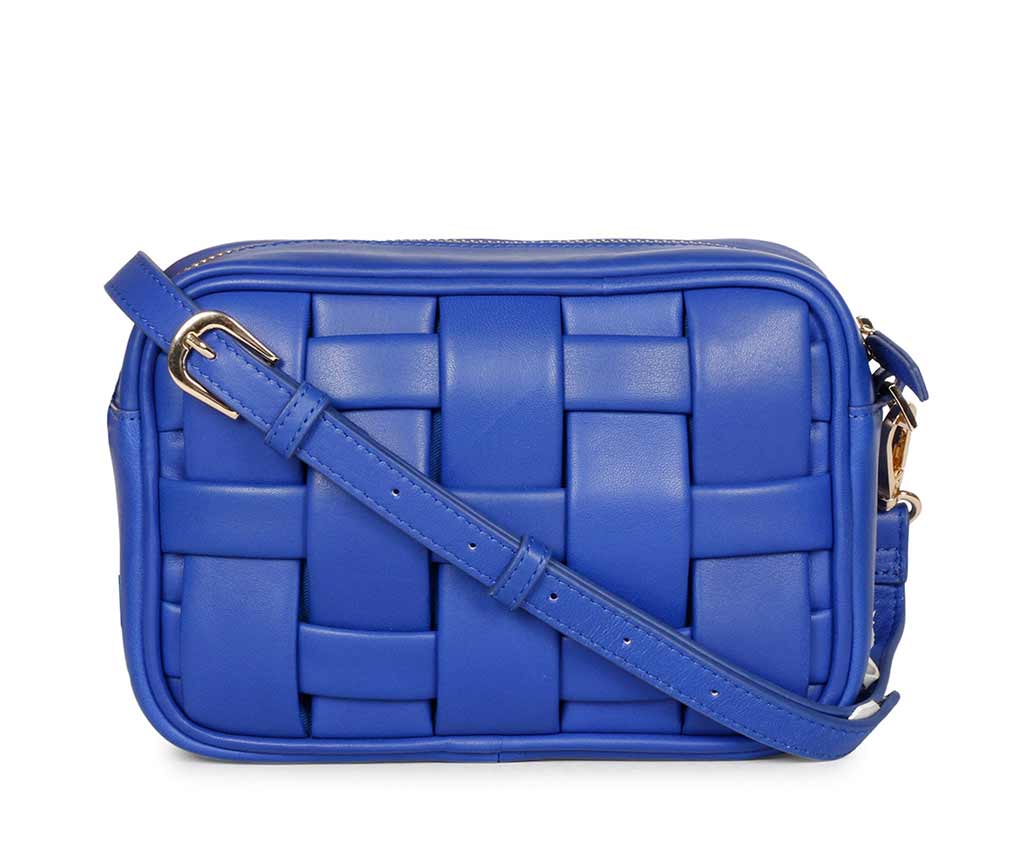 Saint Bennet blue woven leather cross body bag for women UK, front view with adjustable strap.