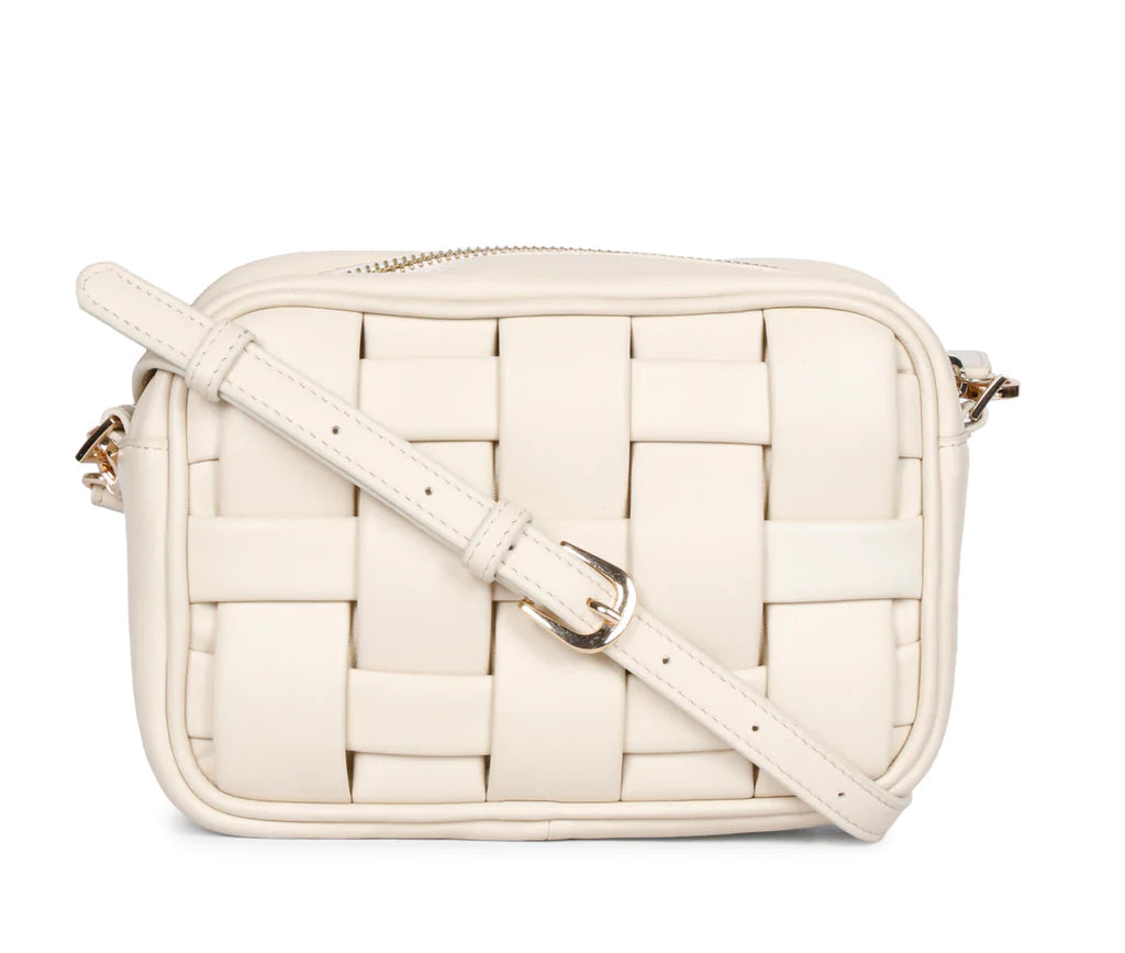 Saint Bennet cream woven leather cross body bag for women UK, front view with adjustable strap.