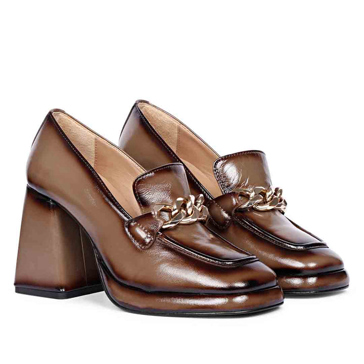 Best Ladies bronze patent leather platform loafer pumps for women, angled pair view, UK