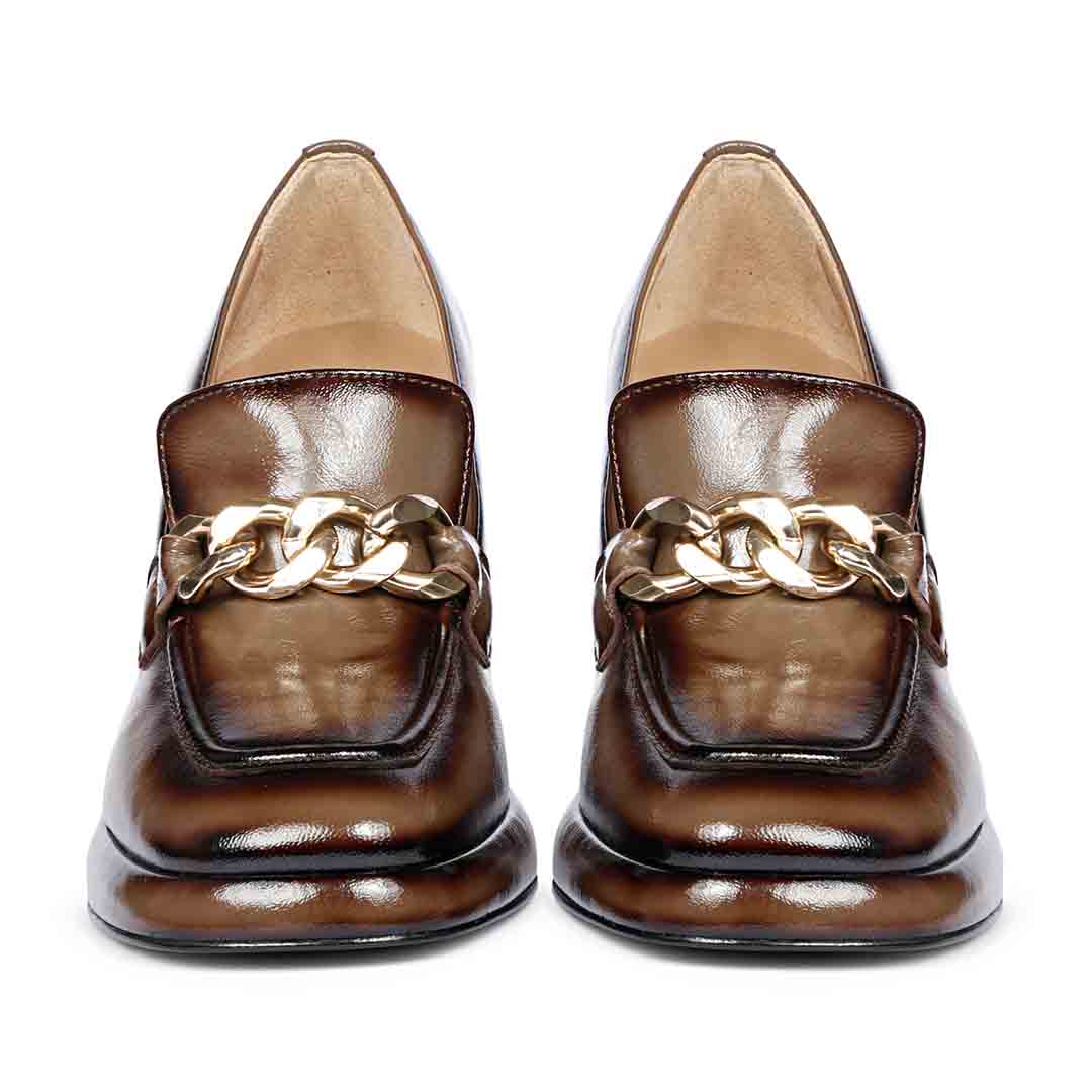 Best bronze patent leather platform loafer pumps, front pair close-up, UK