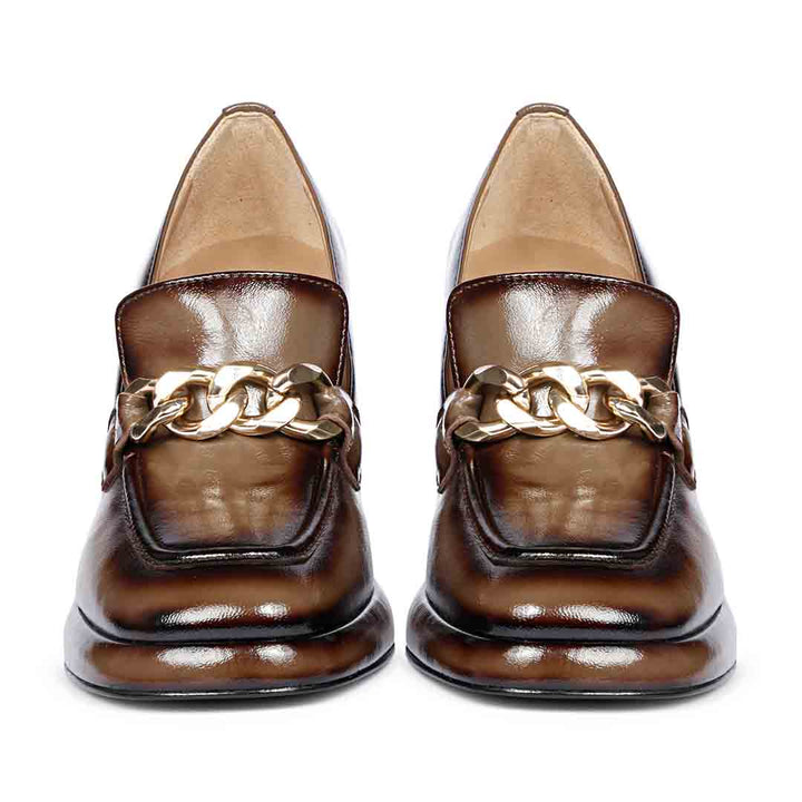 Best bronze patent leather platform loafer pumps, front pair close-up, UK