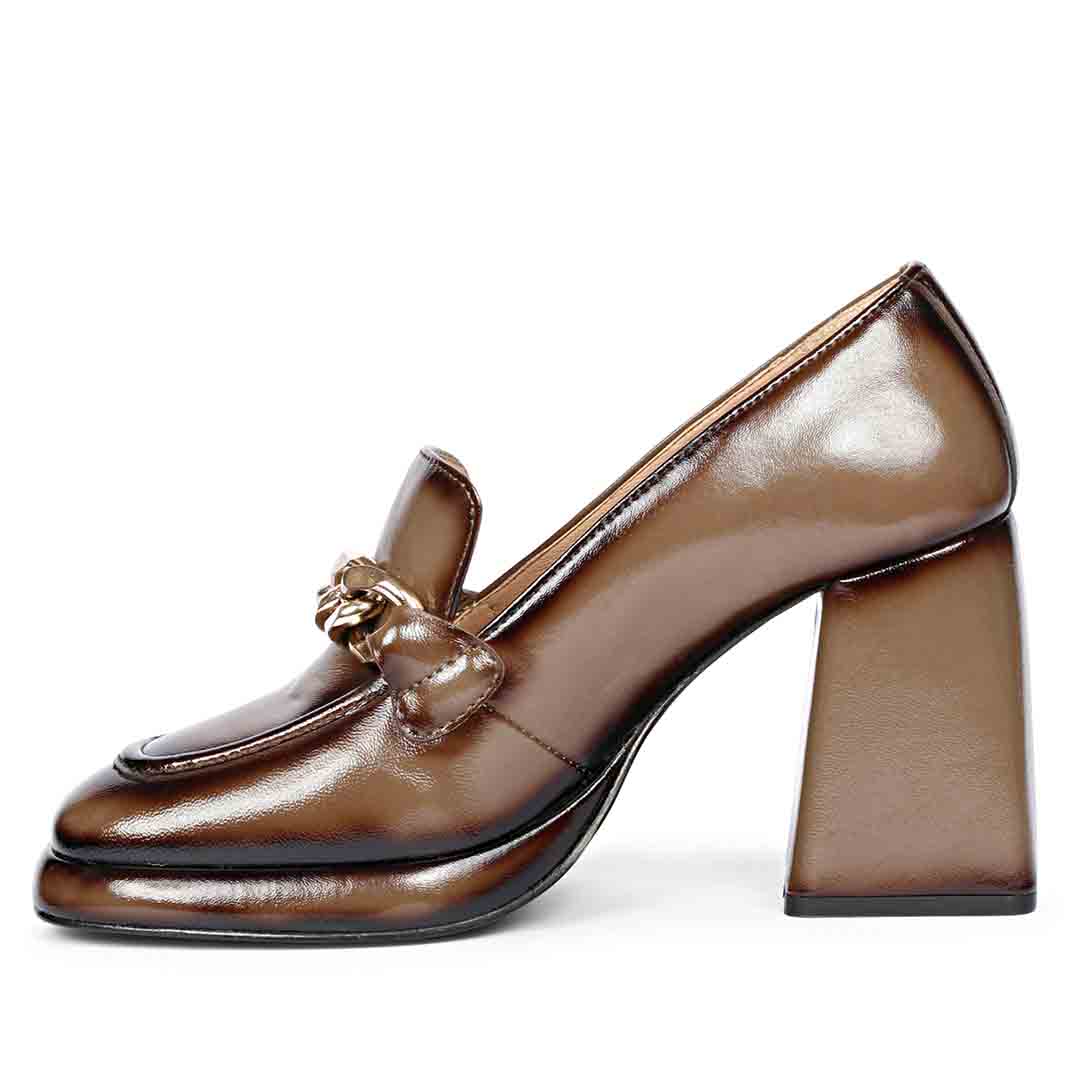 Women's bronze patent leather platform pumps, mirrored side profile, UK